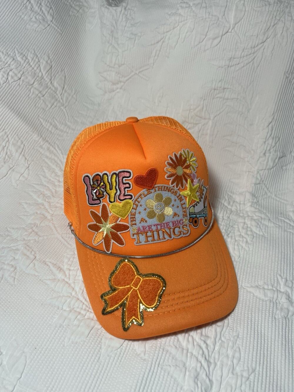 Custom Orange Layered Patches Trucker Hat Adjustable Mesh Back